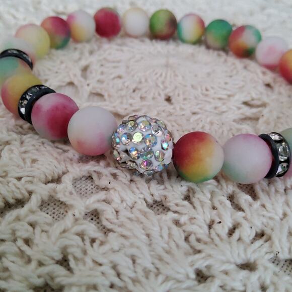 Quartzite Beaded Stretch Bracelet Sparkle Rhinestone Pastel Multicolor - Picture 1 of 11
